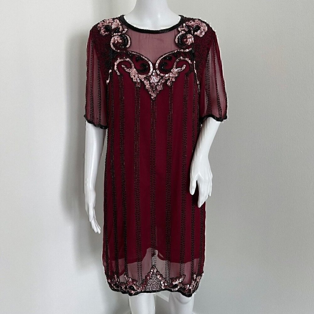 Vintage 90s Jennifer by KVM Party Dress Size M Cranberry Sequin Embroidered Silk